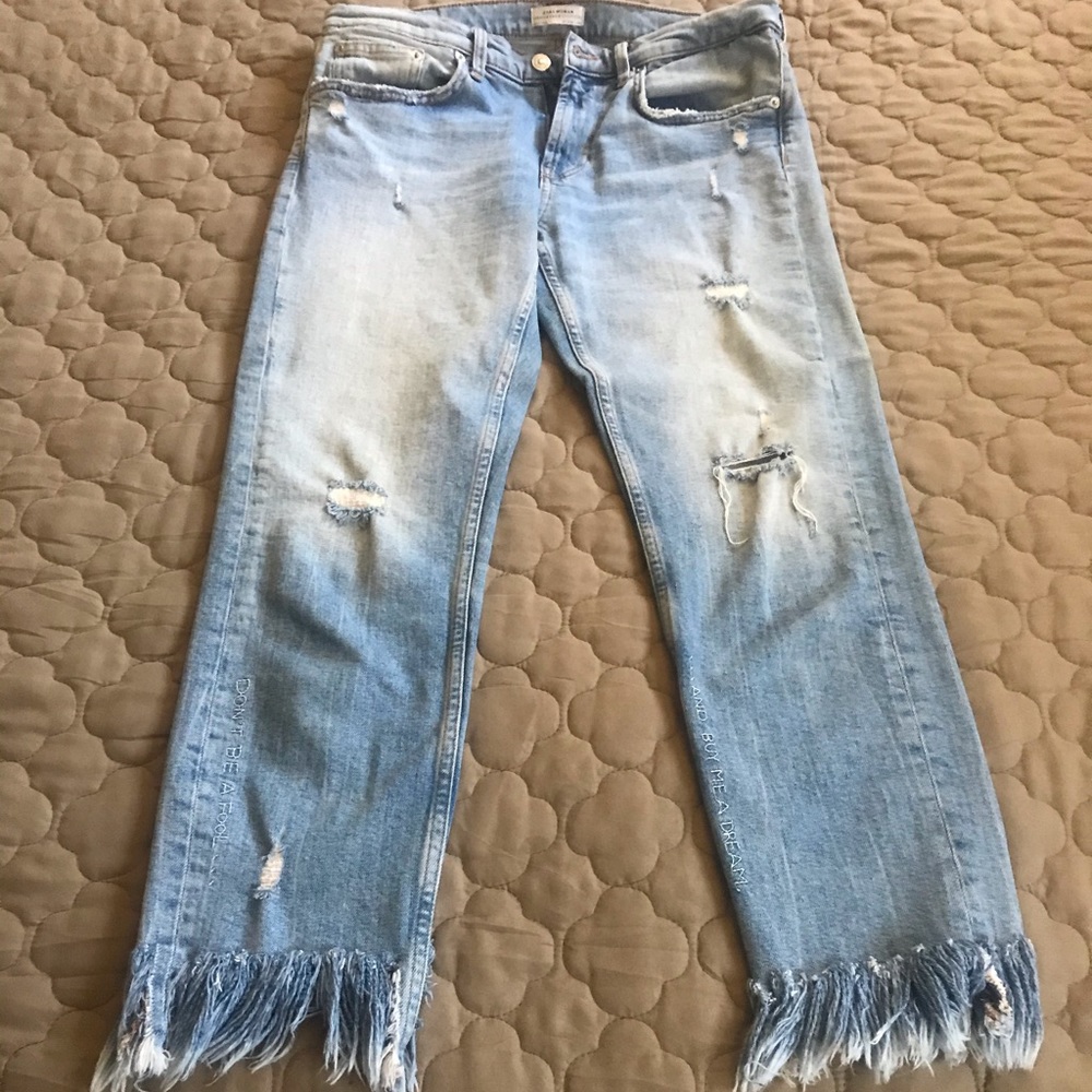 Zara Distressed Blue Jeans with Fringe